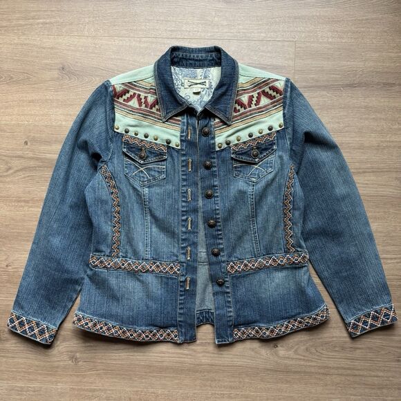 Coldwater Creek Size PM Aztec Southwestern Print Denim Blue Jean Cotton Jacket - Picture 10 of 10